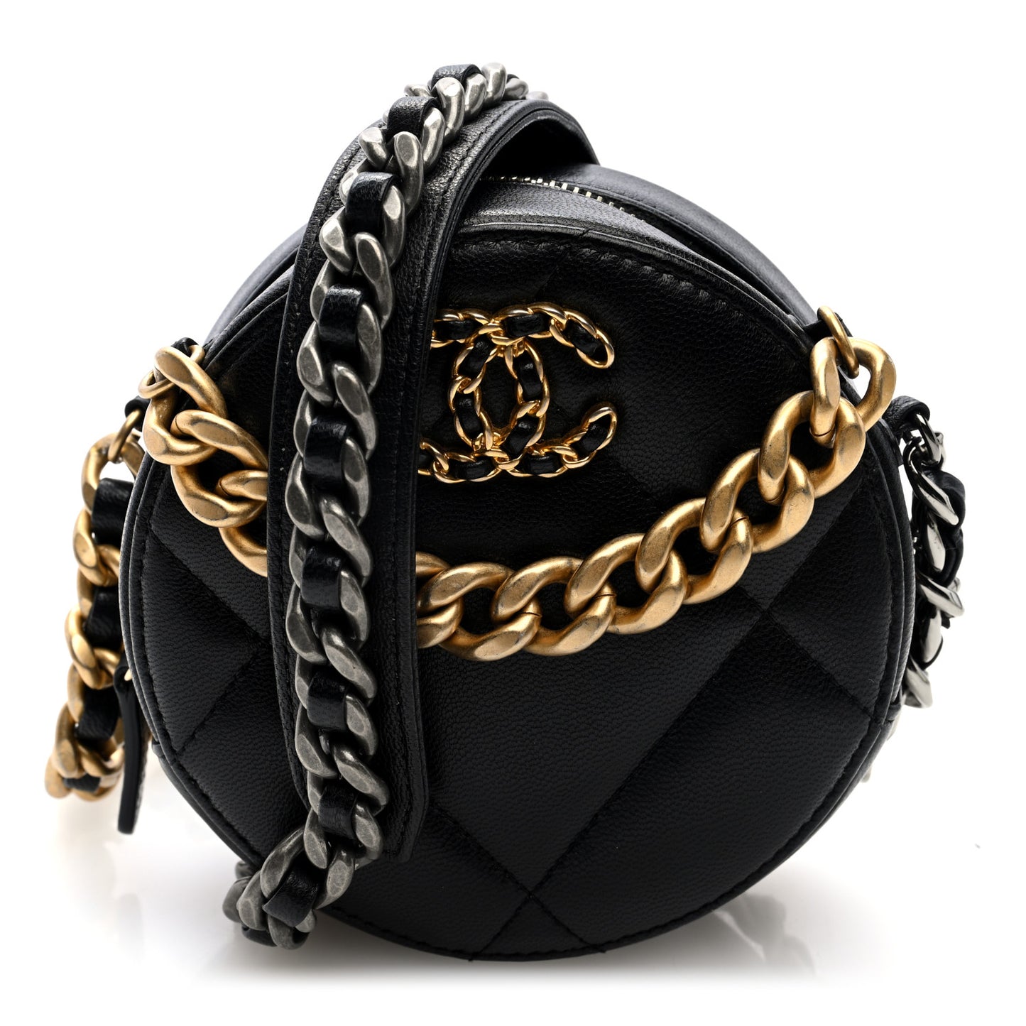 Lambskin Quilted Chanel 19 Round Clutch With Chain Black