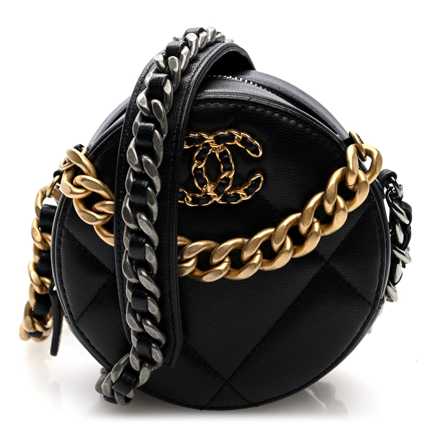 Chanel Lambskin Quilted Chanel 19 Round Clutch With Chain Black 1 of 10