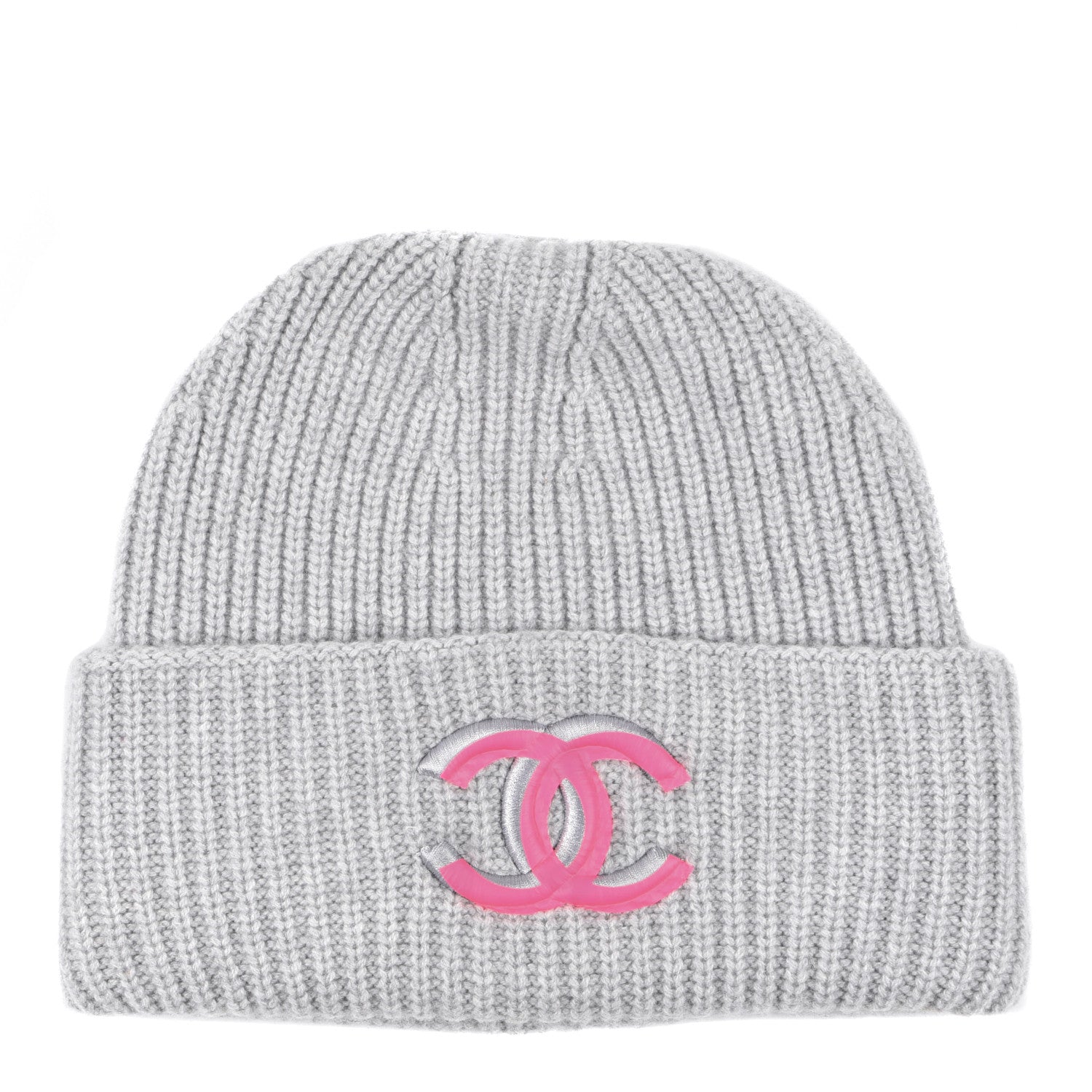 Chanel Wool Cashmere CC Beanie Hat Light Grey Fuchsia 1 of 5