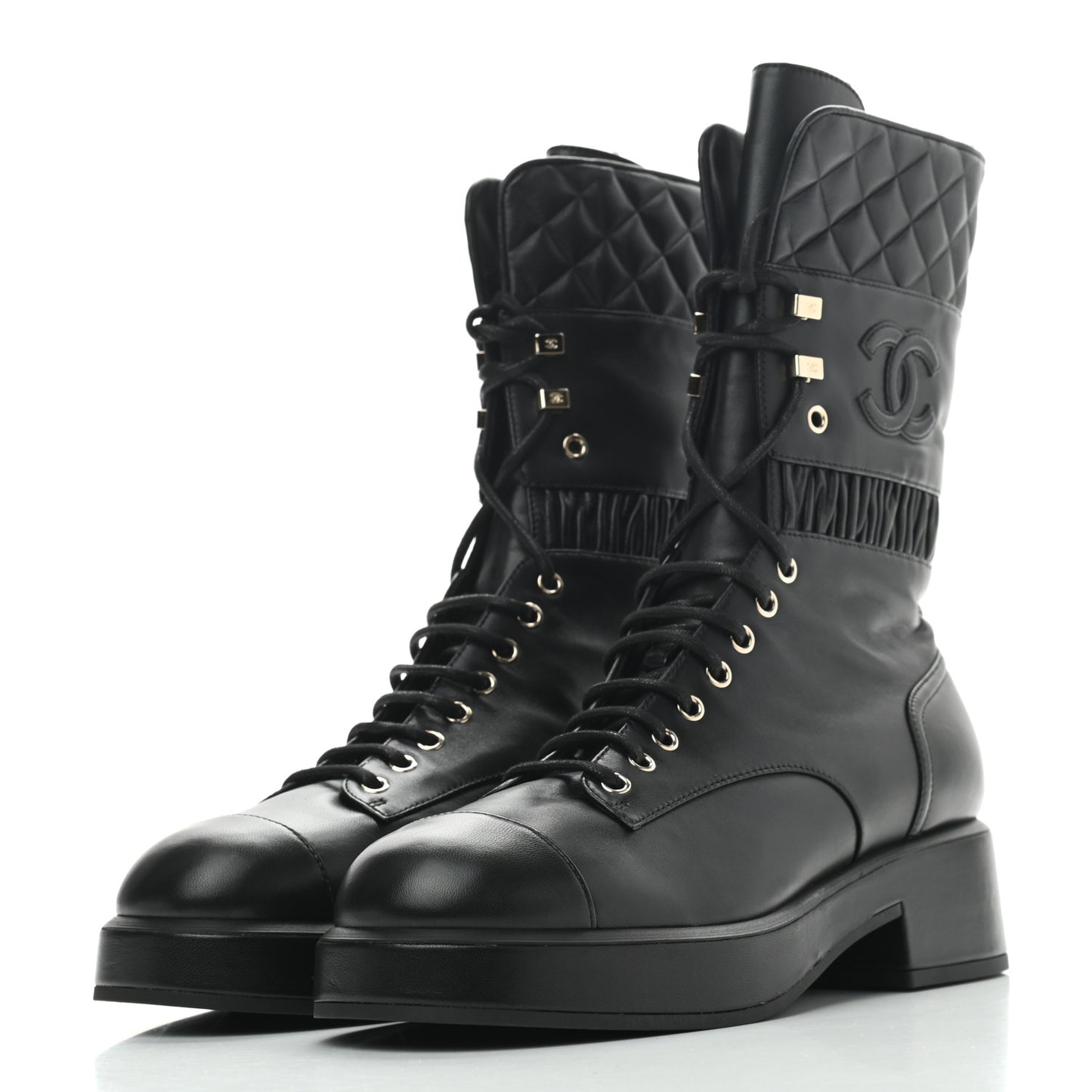 Lambskin Quilted Lace Up Combat Boots 41 Black