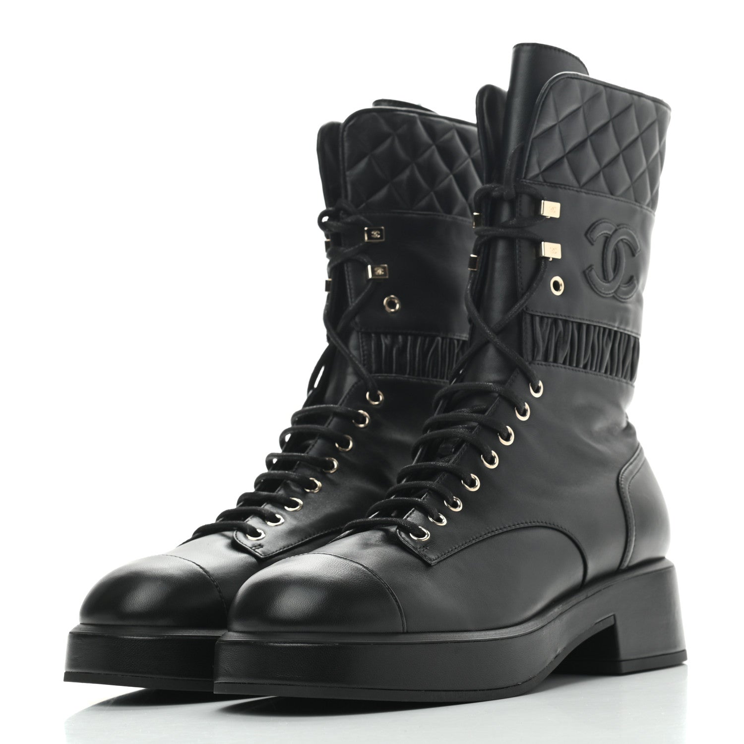 Chanel Lambskin Quilted Lace Up Combat Boots 41 Black 3 of 8