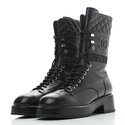 Chanel Lambskin Quilted Lace Up Combat Boots 41 Black 3 of 8