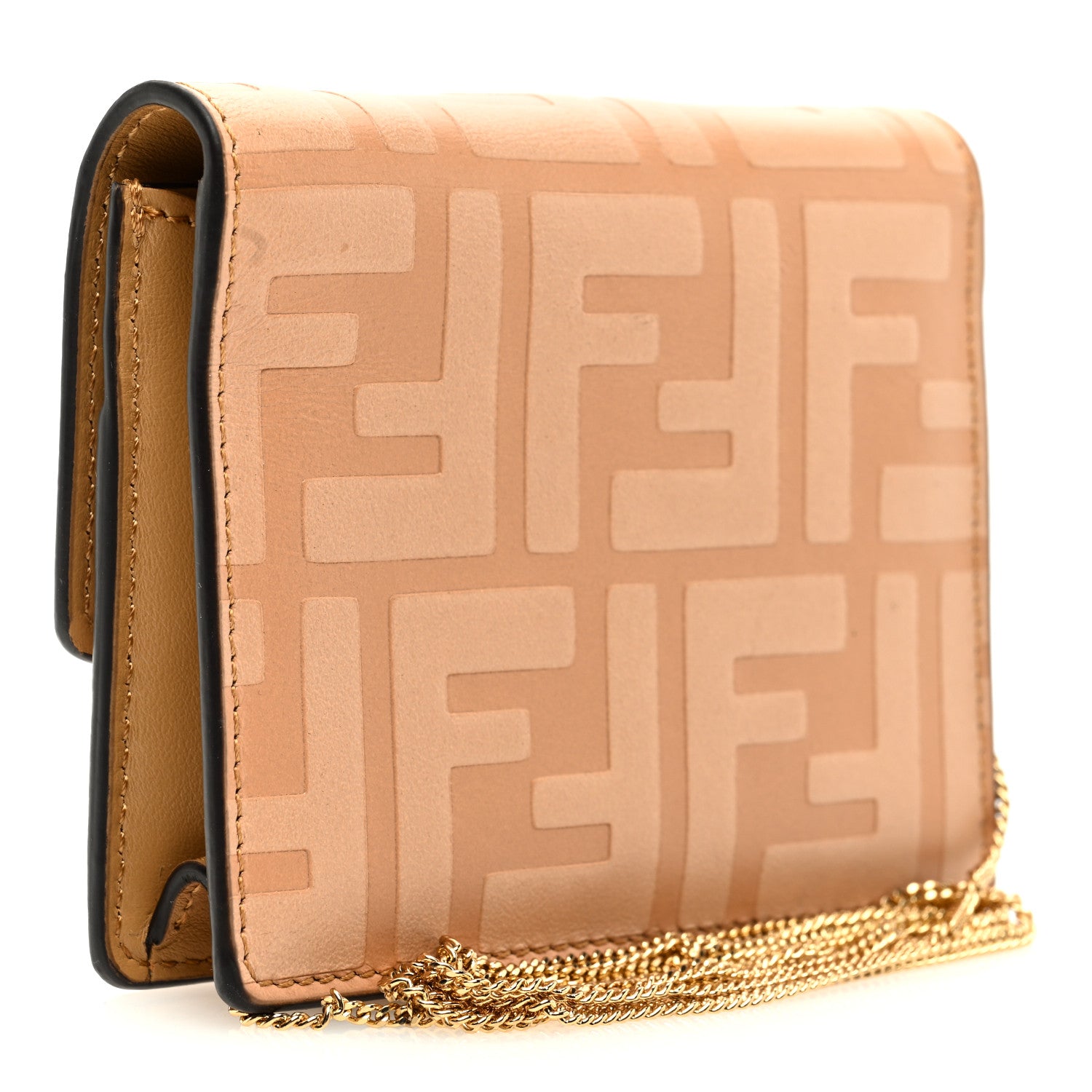 Fendi Vitello Termolagoon F is Fendi FF 1974 Embossed Geometric Flap Wallet On Chain Miele Scuro 3 of 10