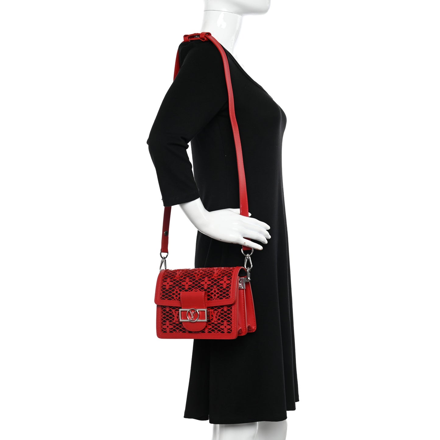 Patent Calfskin Monogram Lace Dauphine Mini Red