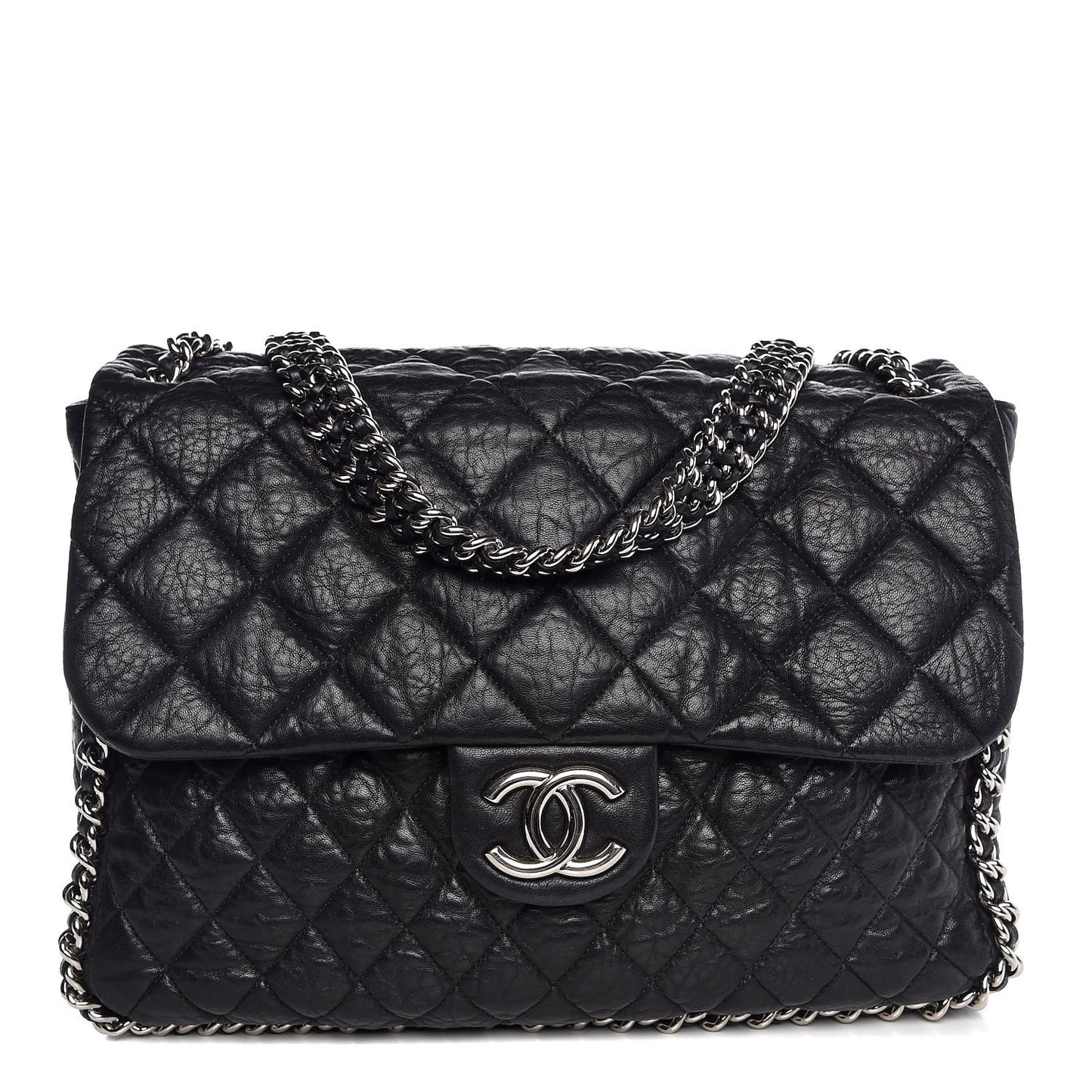 Washed Lambskin Quilted Maxi Chain Around Flap Black