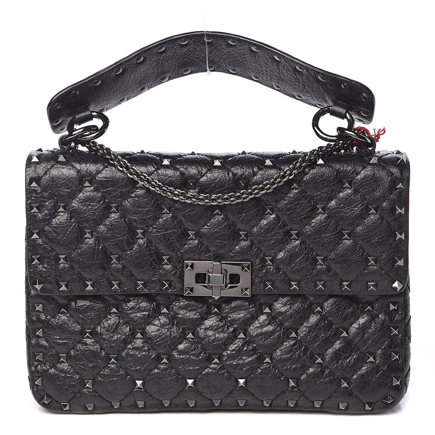 Craquele Nappa Medium Rockstud Spike Shoulder Bag Black