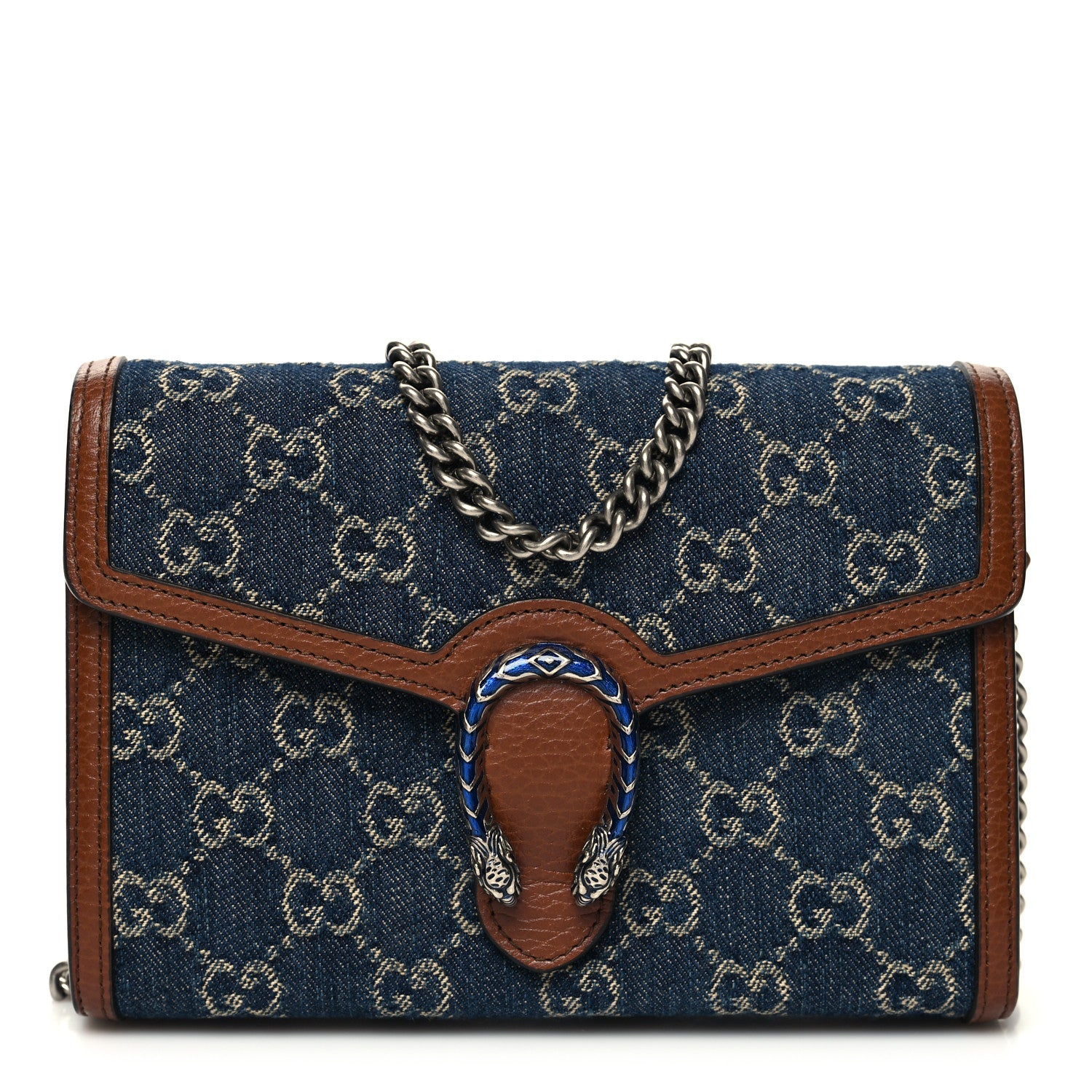Gucci New Denim GG Monogram Dollar Calfskin Enamel Mini Dionysus Chain Wallet Blue Tea Cuir Epilog Electric Blue 1 of 12