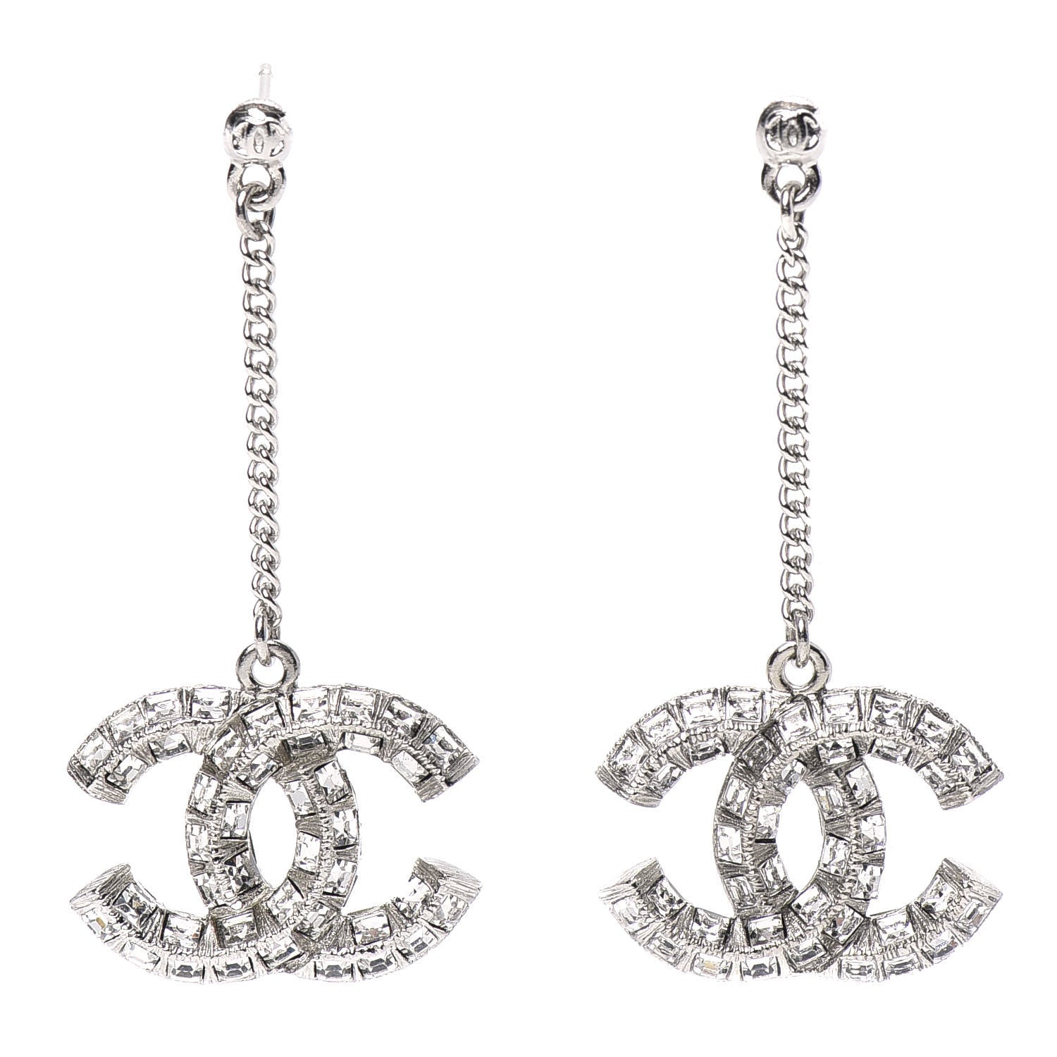 Chanel Baguette Crystal CC Drop Earrings Silver 1 of 3