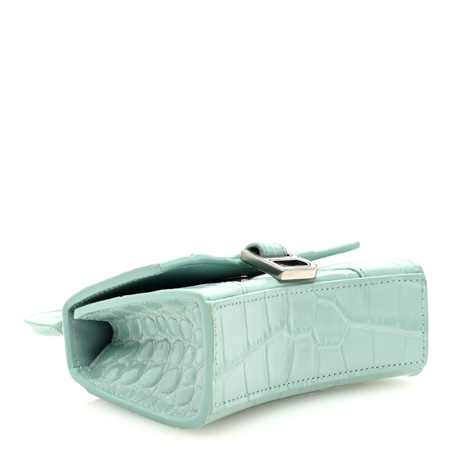 Balenciaga Shiny Calfskin Crocodile Embossed Hourglass Top Handle Bag Mini with Chain Green Acqua 4 of 8