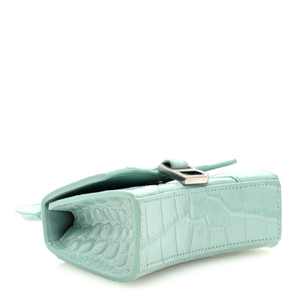 Balenciaga Shiny Calfskin Crocodile Embossed Hourglass Top Handle Bag Mini with Chain Green Acqua 4 of 8