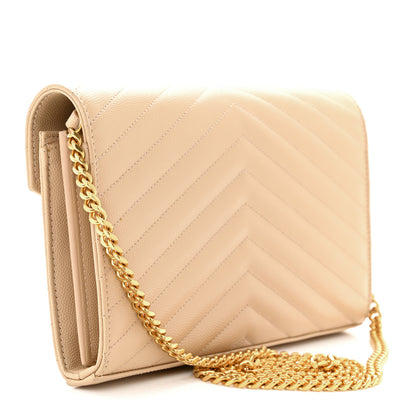 Saint Laurent Grain De Poudre Matelasse Chevron Monogram Chain Wallet Light Beige 3 of 13