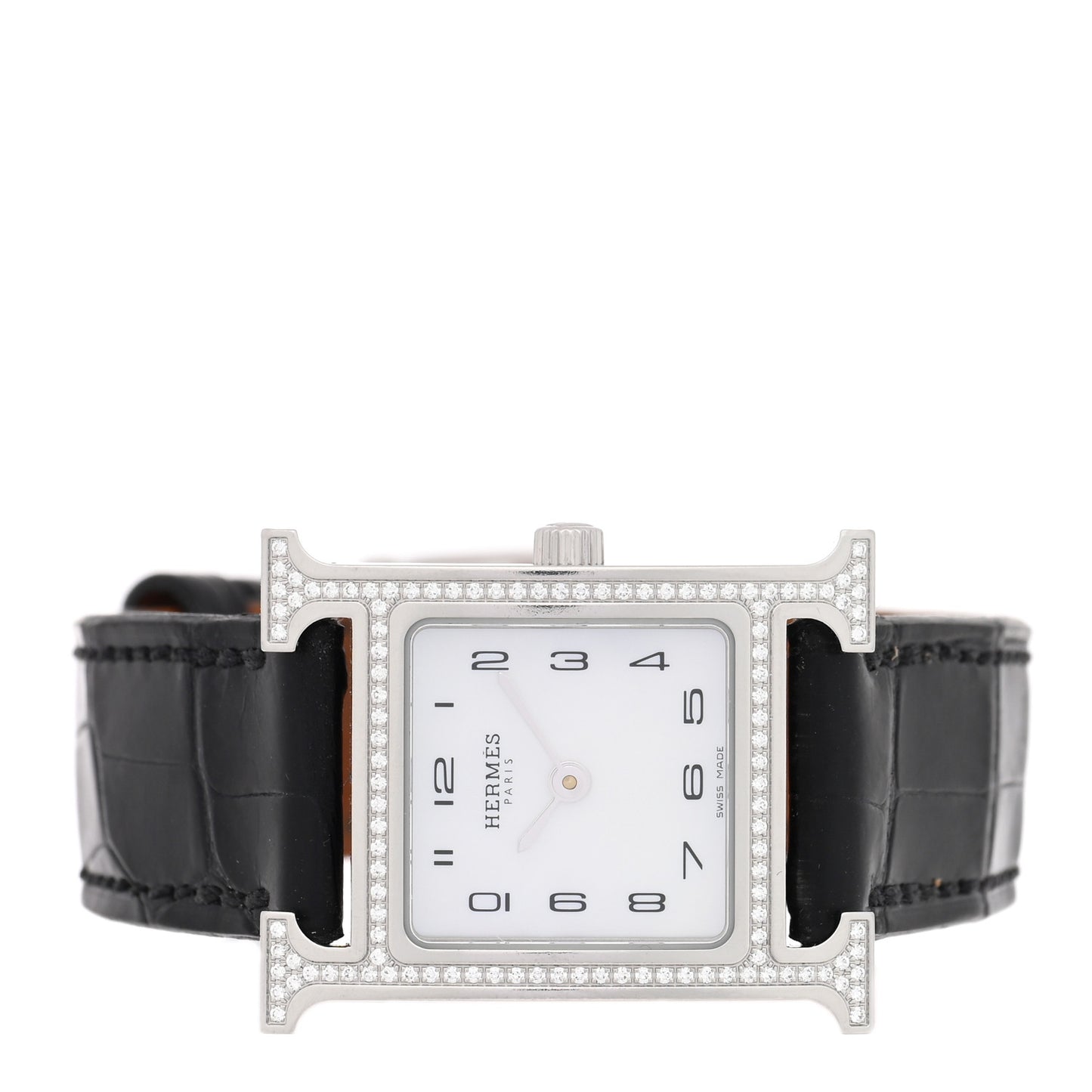 Stainless Steel Alligator Diamond Bezel Mother of Pearl 21mm Heure H Hour Quartz Watch Noir