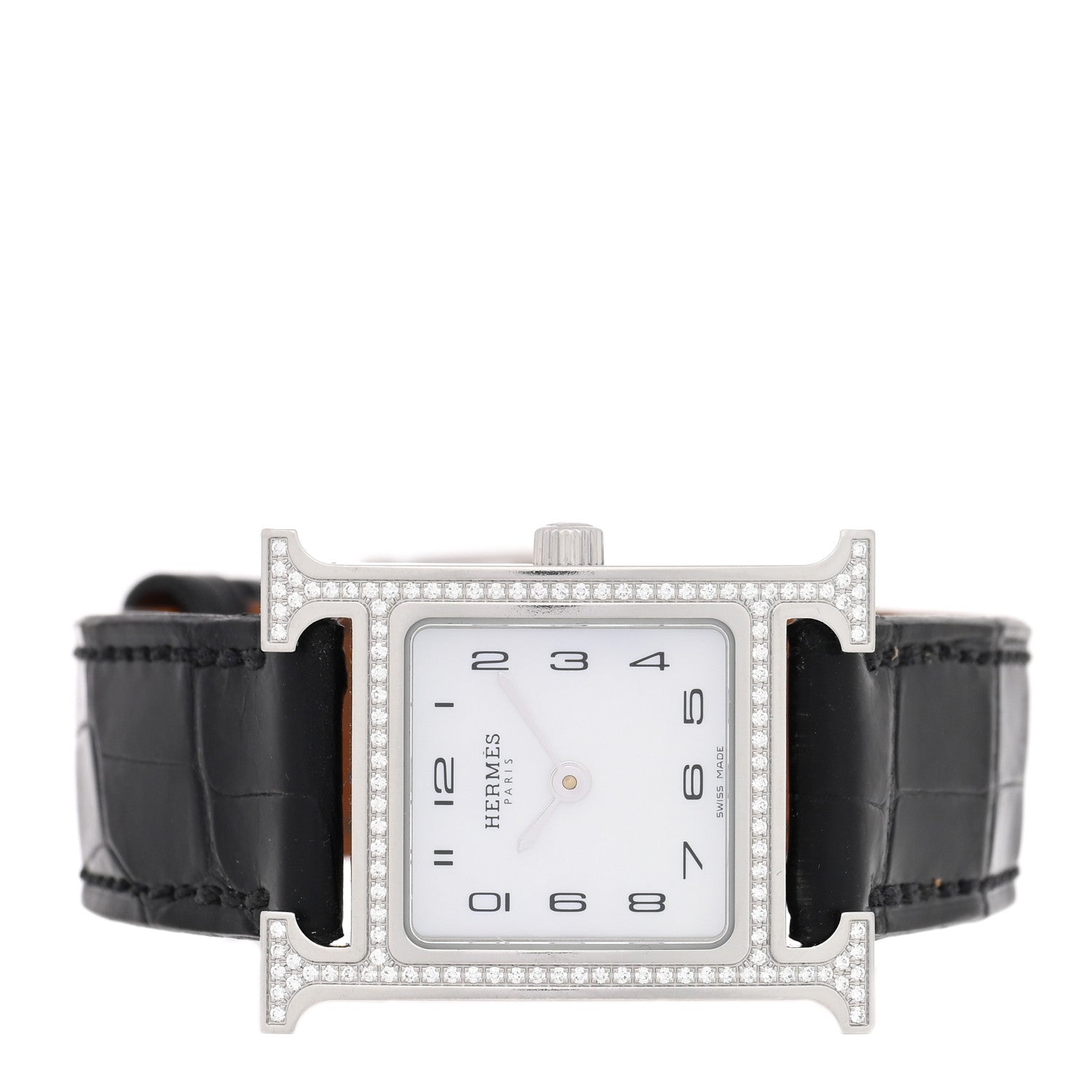 Hermes Stainless Steel Alligator Diamond Bezel Mother of Pearl 21mm Heure H Hour Quartz Watch Noir 2 of 4