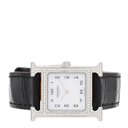 Hermes Stainless Steel Alligator Diamond Bezel Mother of Pearl 21mm Heure H Hour Quartz Watch Noir 2 of 4
