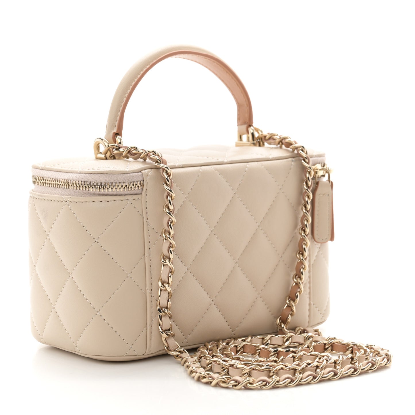 Lambskin Quilted Small Top Handle Vanity Case With Chain Ecru Dark Beige