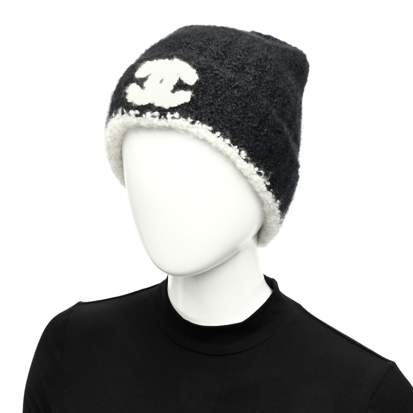 Cashmere Silk CC Beanie Hat Black White