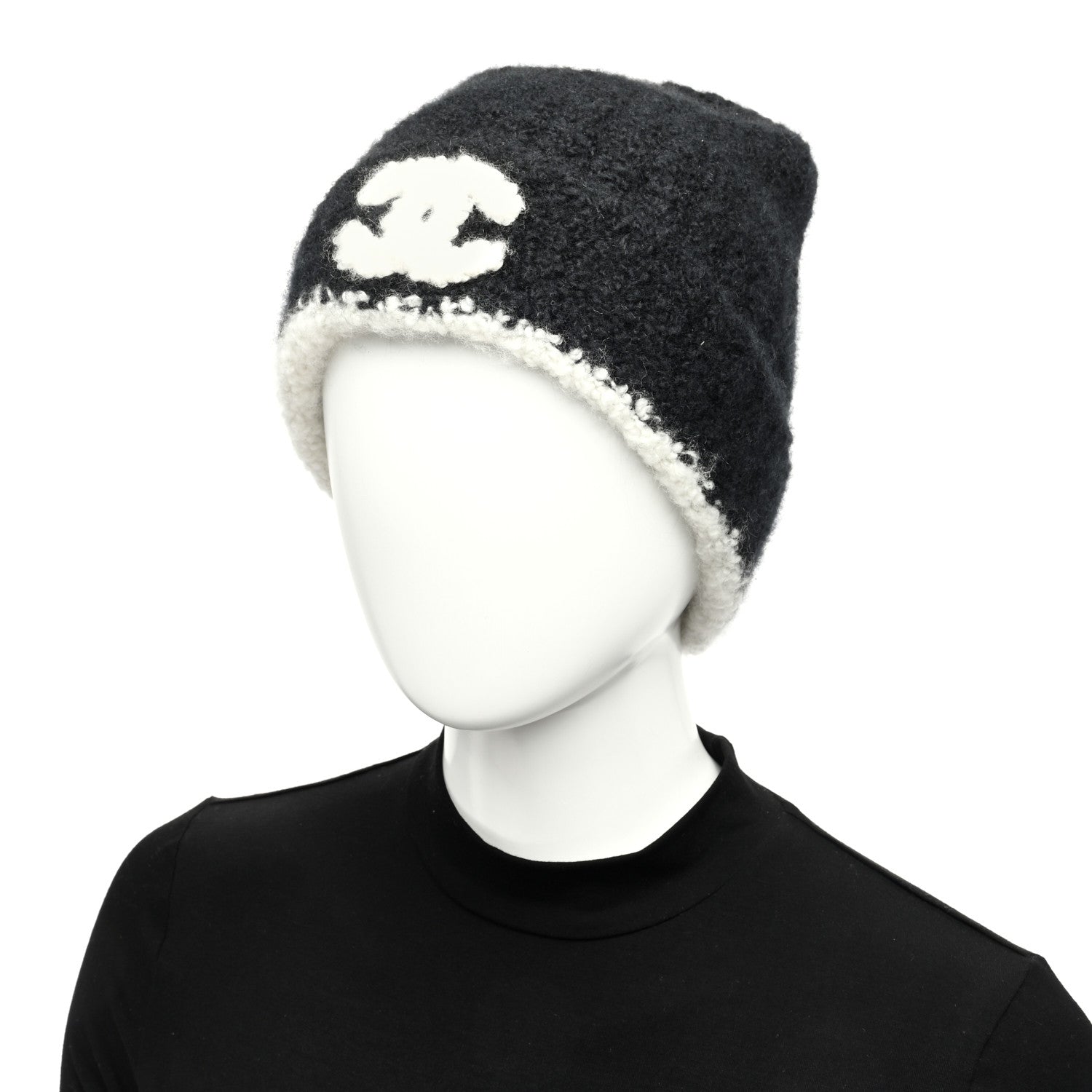 Chanel Cashmere Silk CC Beanie Hat Black White 2 of 5