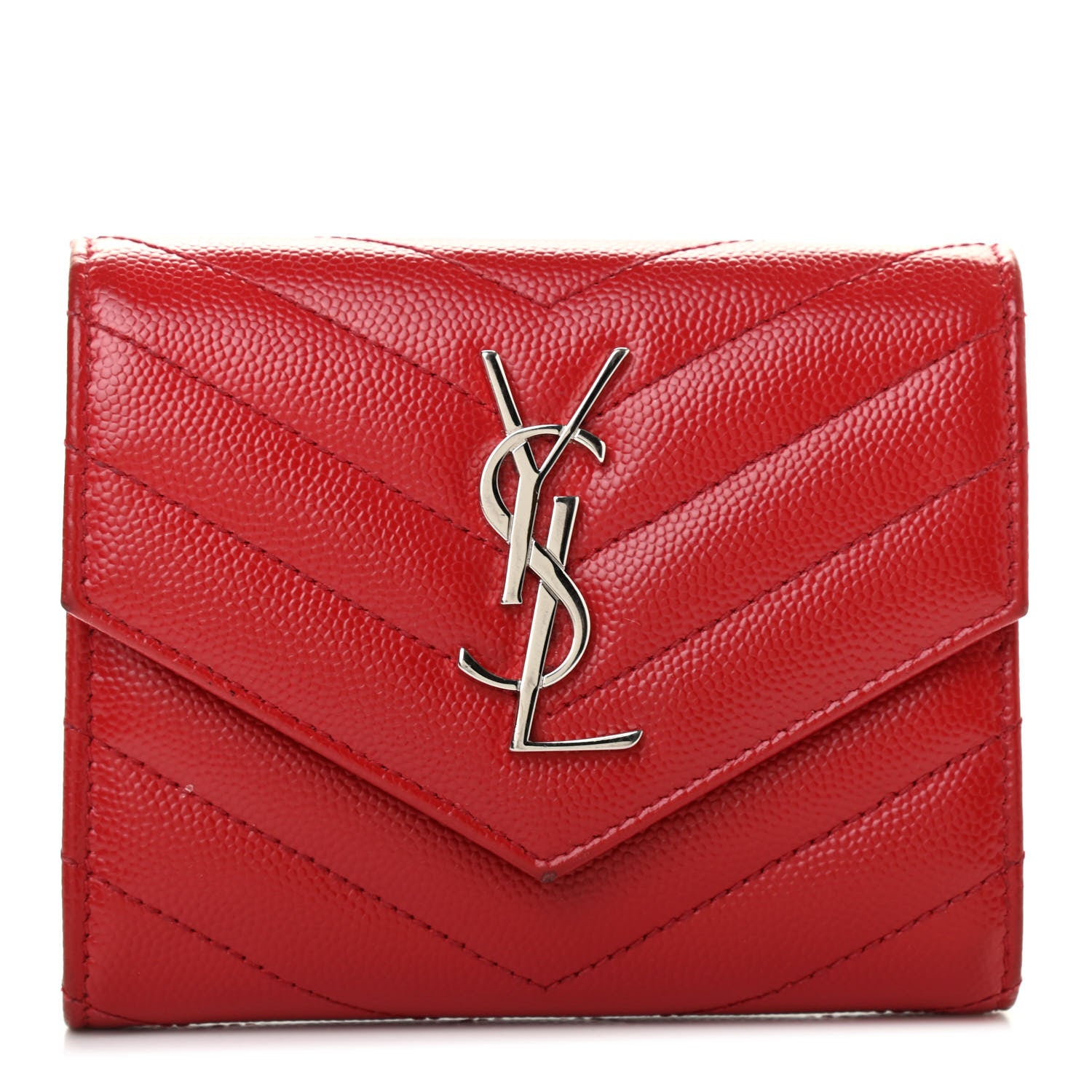 Saint Laurent Grain De Poudre Matelasse Chevron Monogram Compact Tri Fold Wallet Red 1 of 14