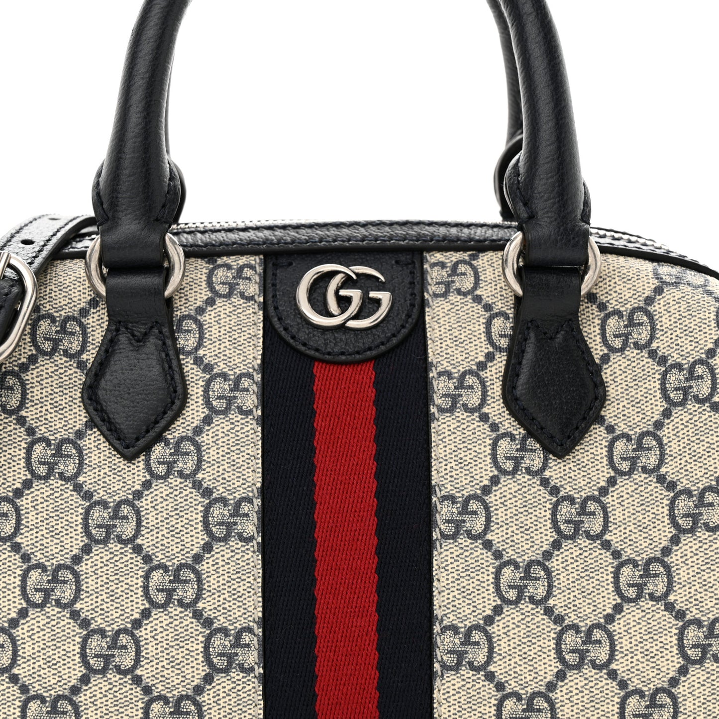 GG Supreme Monogram Textured Dollar Calfskin Web Mini Ophidia Top Handle Bag Beige Blue