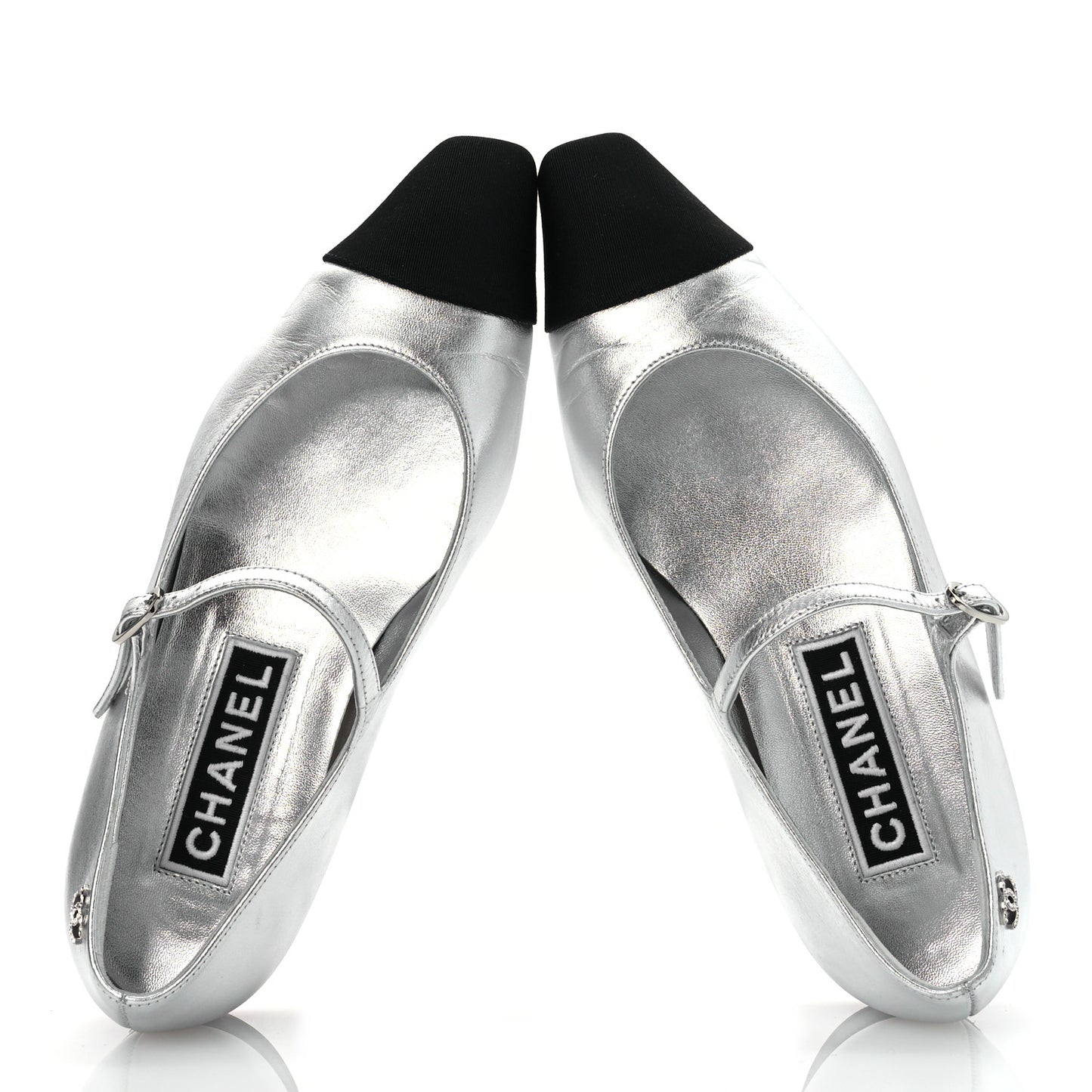 Laminated Calfskin Grosgrain Mary Janes Flats 36.5 Silver Black