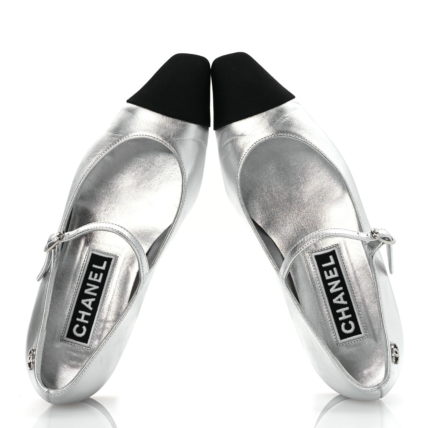 Chanel Laminated Calfskin Grosgrain Mary Janes Flats 36.5 Silver Black 2 of 11