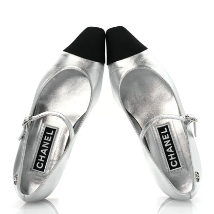Chanel Laminated Calfskin Grosgrain Mary Janes Flats 36.5 Silver Black 2 of 11