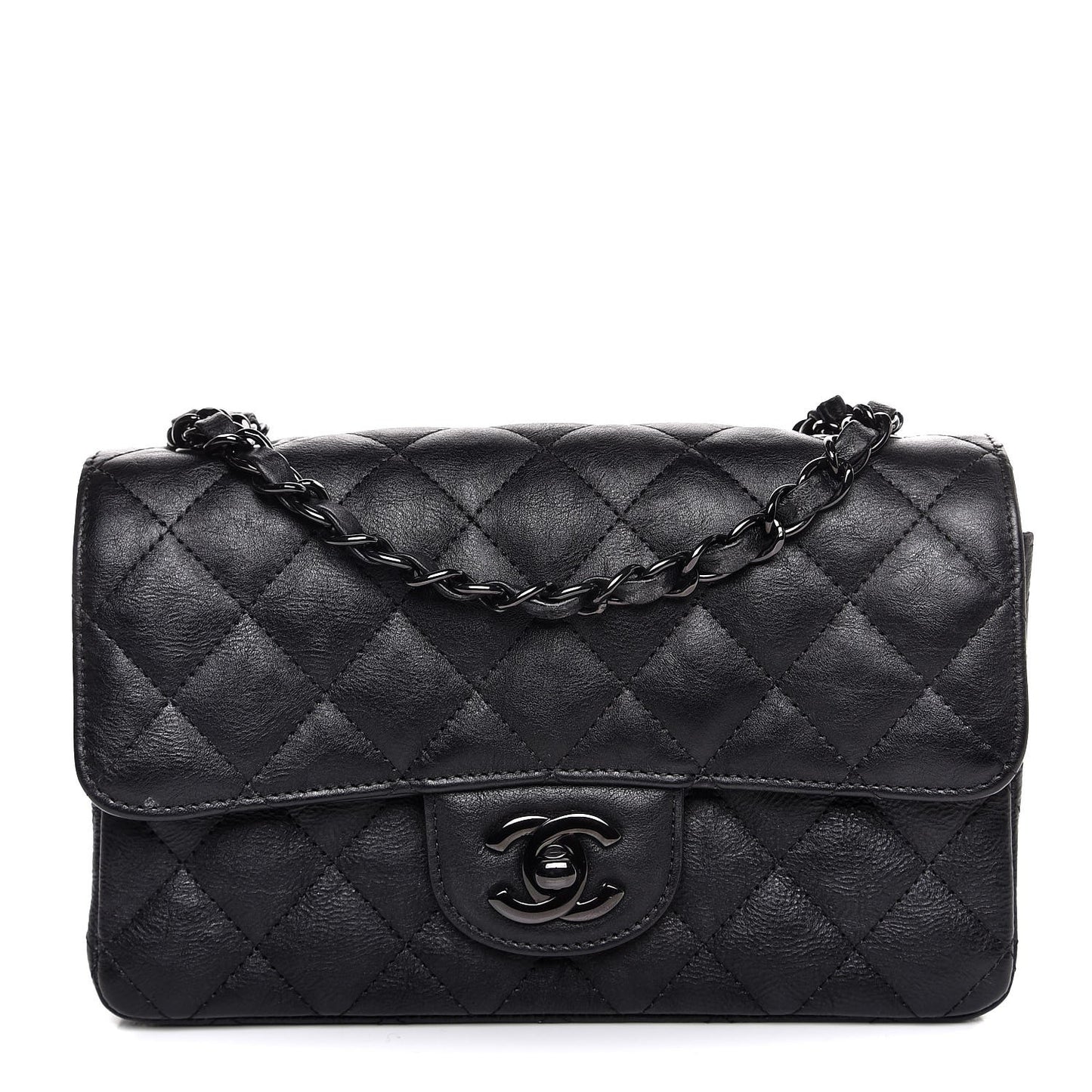 Crumpled Calfskin Quilted Mini Rectangular Flap So Black