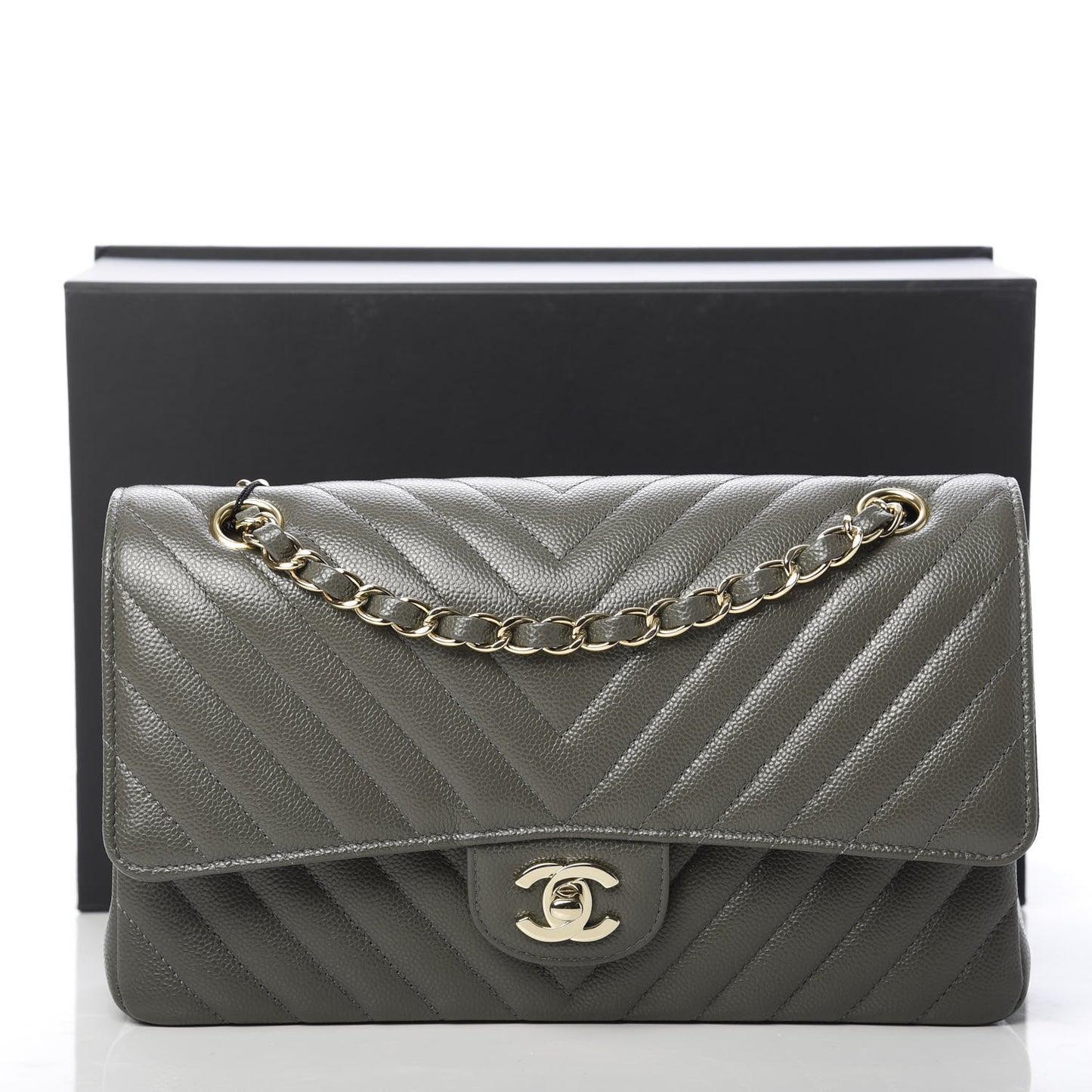 Caviar Chevron Quilted Medium Double Flap Dark Grey