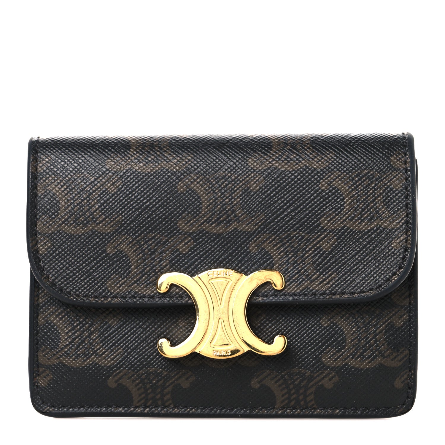 Celine Triomphe Canvas Calfskin Flap Card Holder Tan 1 of 6