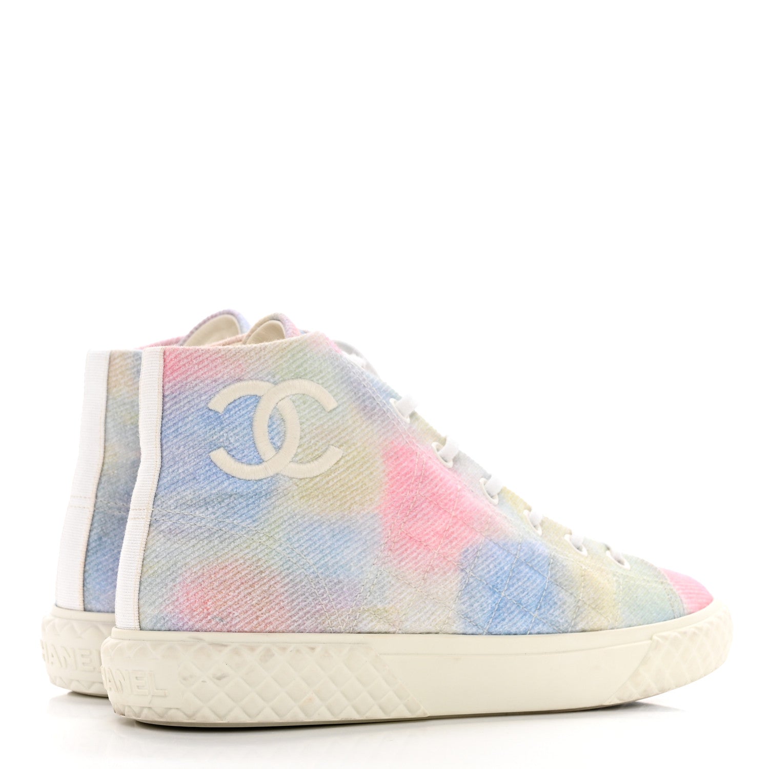 Chanel Printed Fabric Quilted High Top Sneakers 38.5 Green Pink Blue 5 of 13