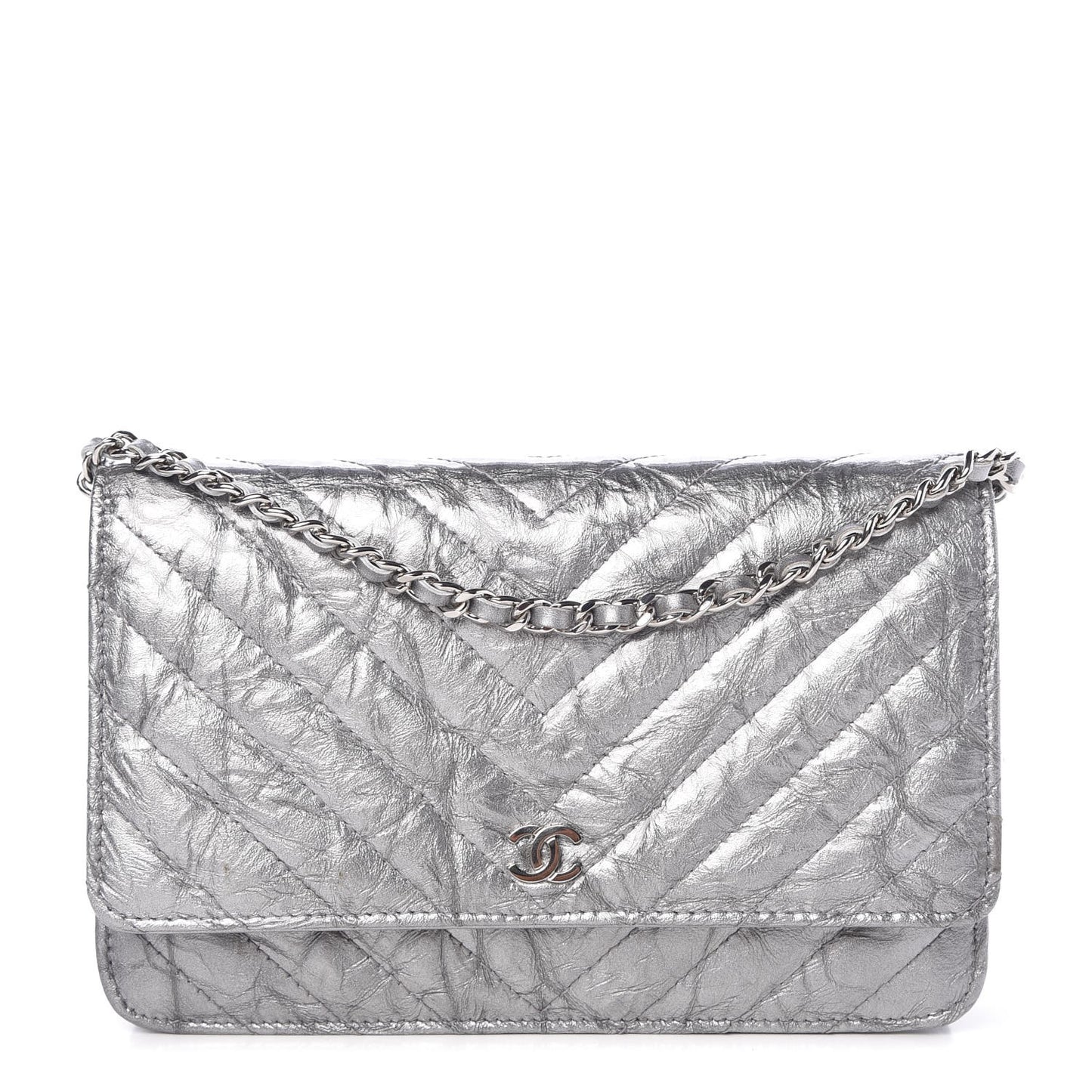 Patent Metallic Crumpled Calfskin Chevron Quilted Wallet On Chain WOC Silver