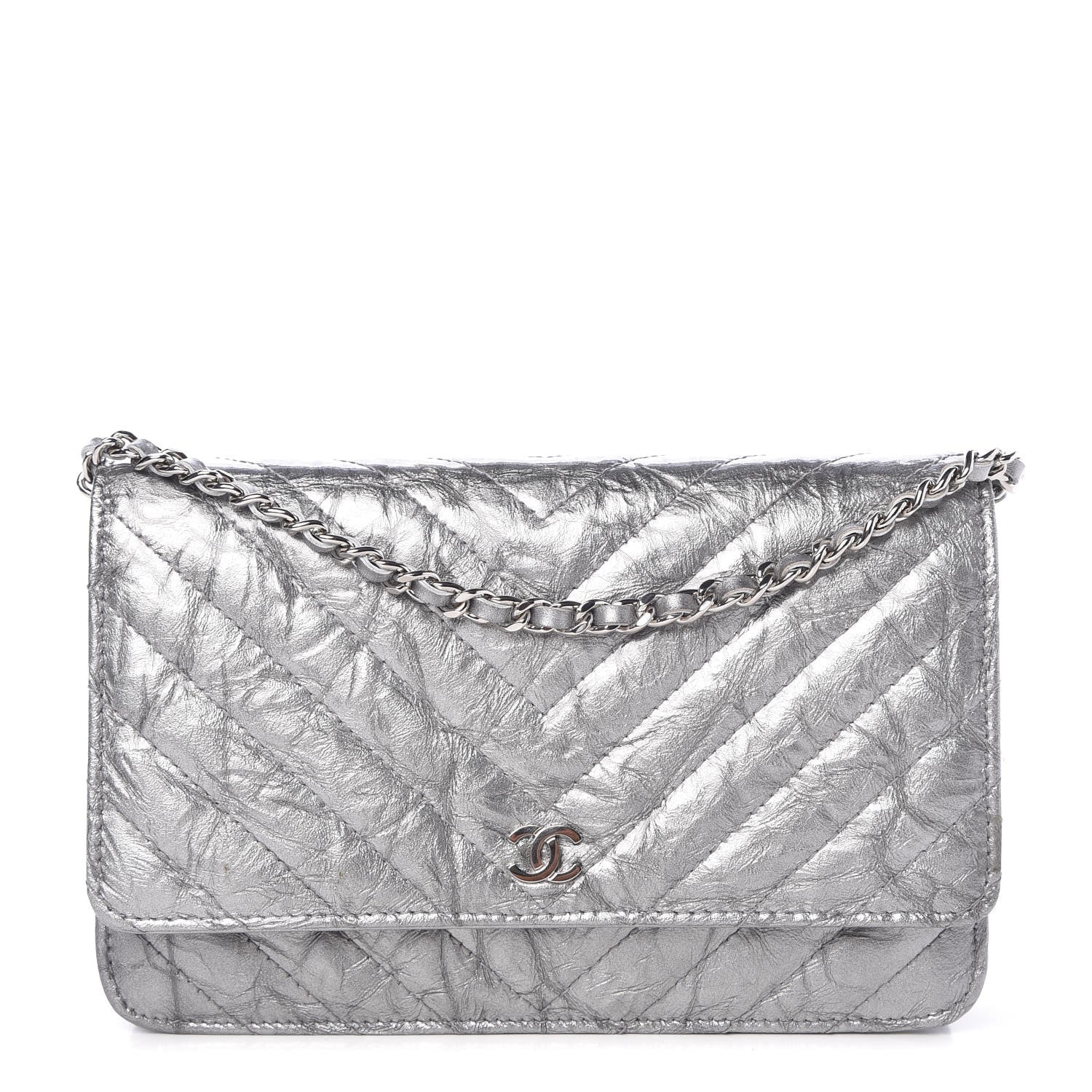 Chanel Patent Metallic Crumpled Calfskin Chevron Quilted Wallet On Chain WOC Silver 1 of 9