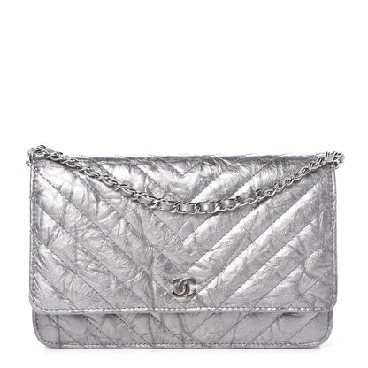 Chanel Patent Metallic Crumpled Calfskin Chevron Quilted Wallet On Chain WOC Silver 1 of 9