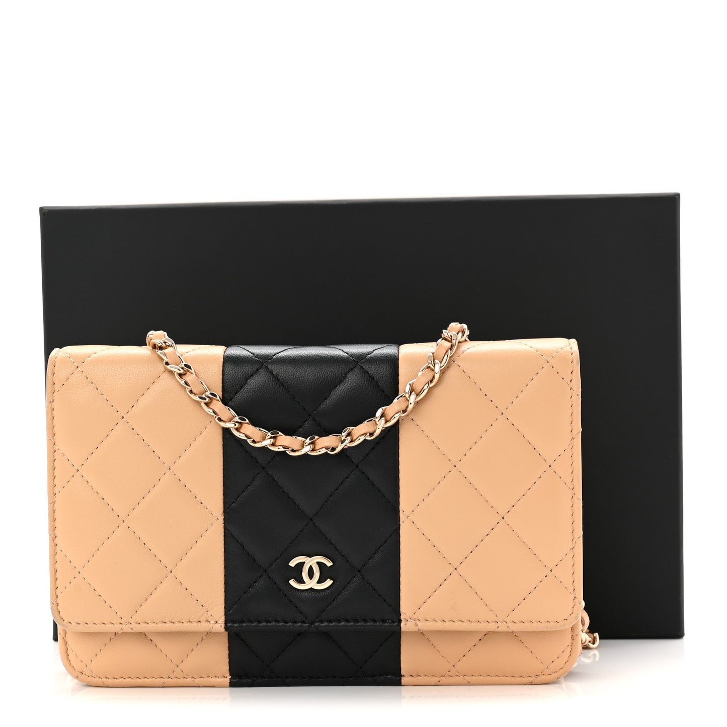 Lambskin Quilted Wallet On Chain WOC Beige Black