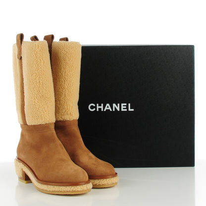 Chanel Shearling Suede Calfskin Boots 37.5 Brown Beige 9 of 9