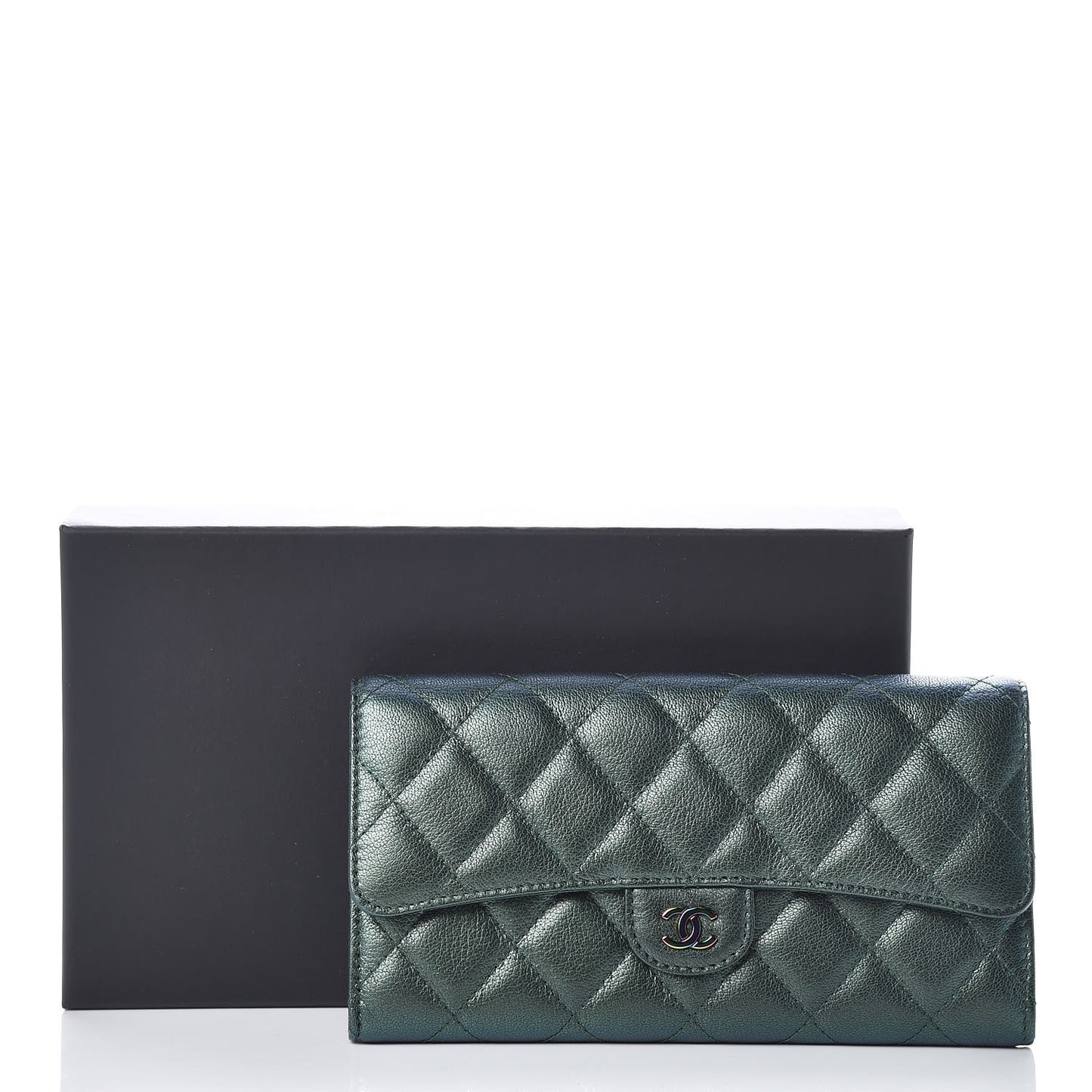 Iridescent Goatskin Quilted Large Flap Wallet Green