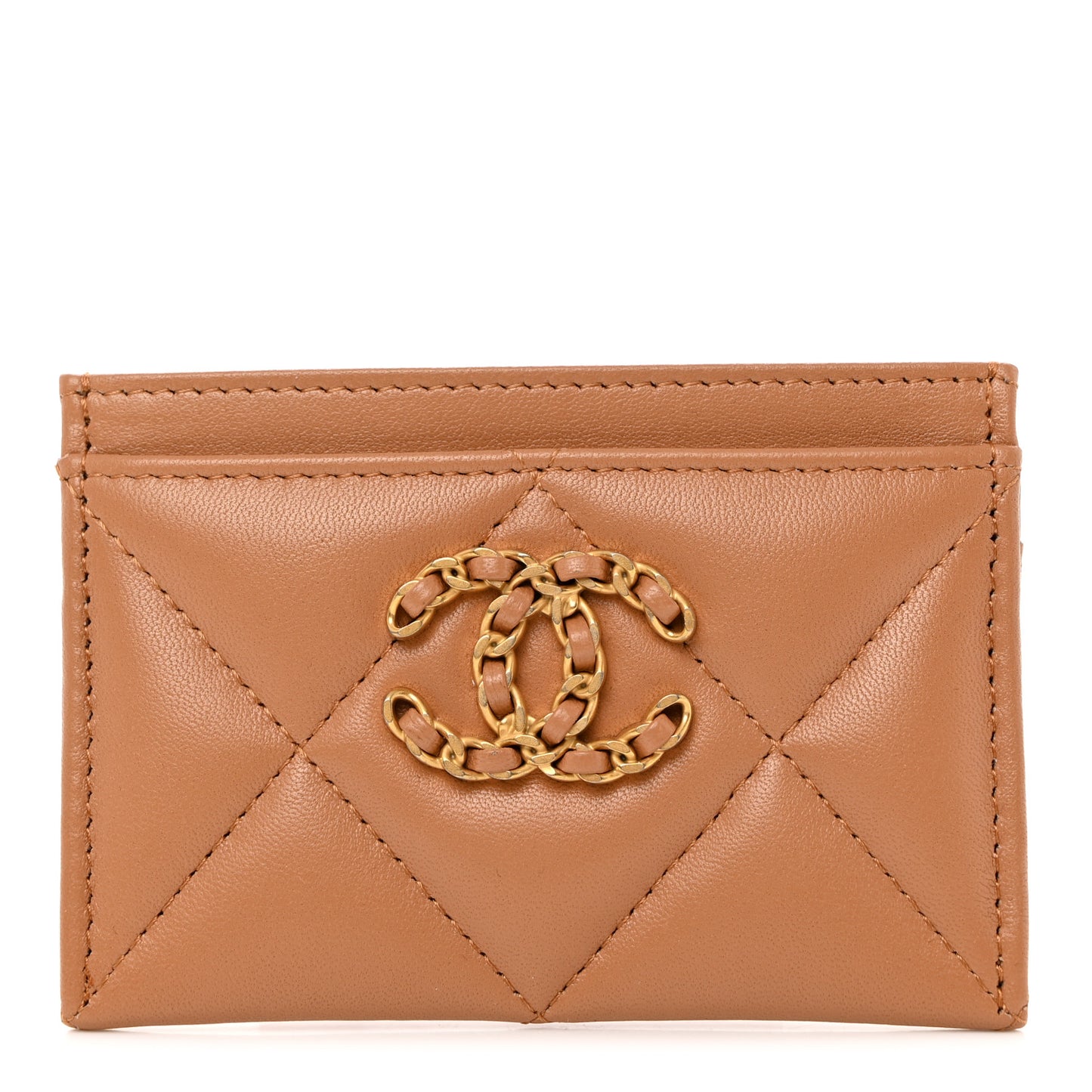 Lambskin Quilted Chanel 19 Card Holder Brown