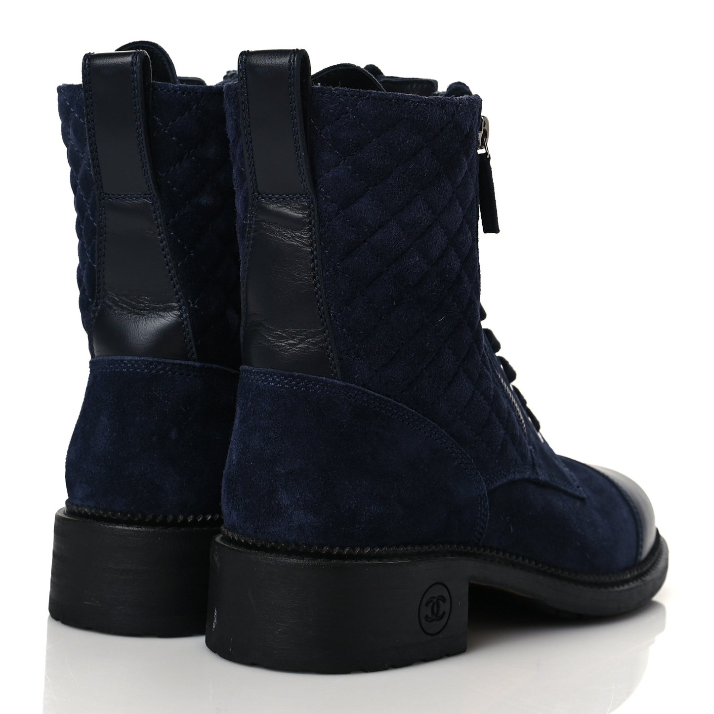 Suede Quilted CC Lace Up Combat Boots 39 Navy Black