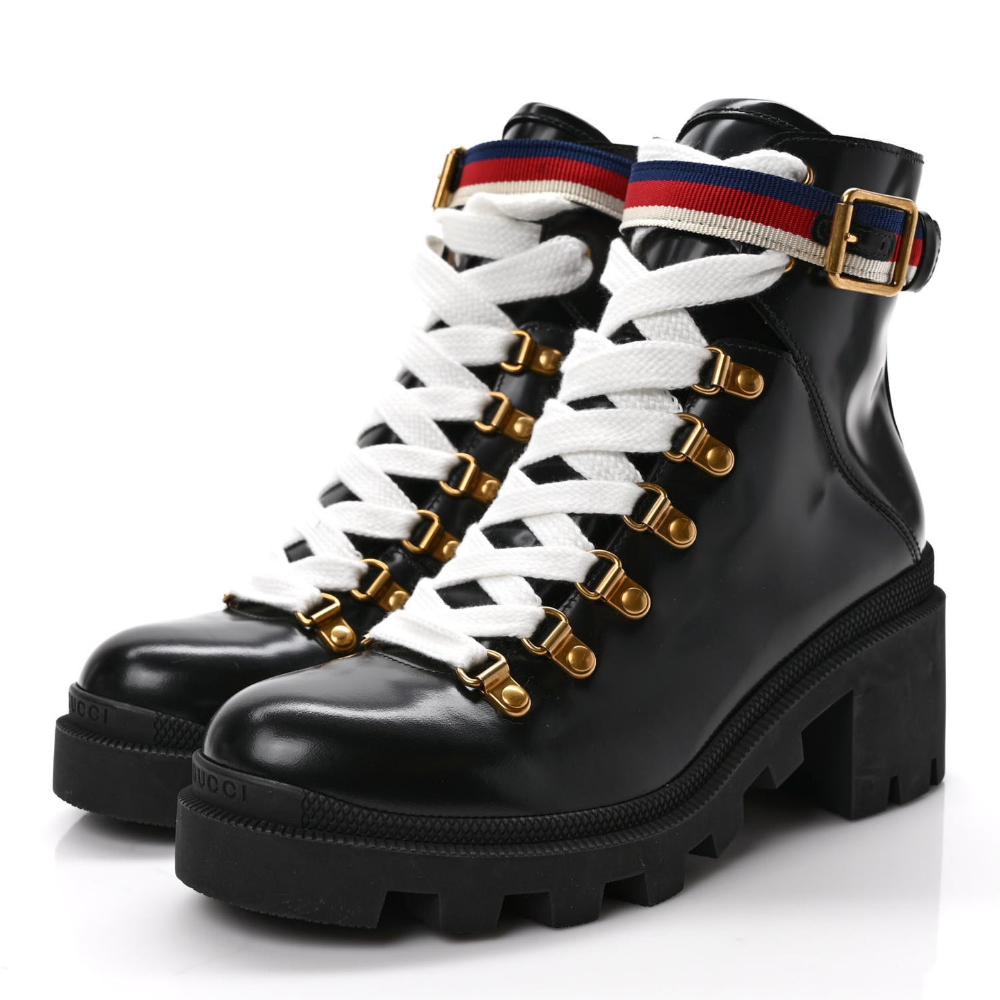 Calfskin Sylvie Web Lace Up Combat Boots 37.5 Black