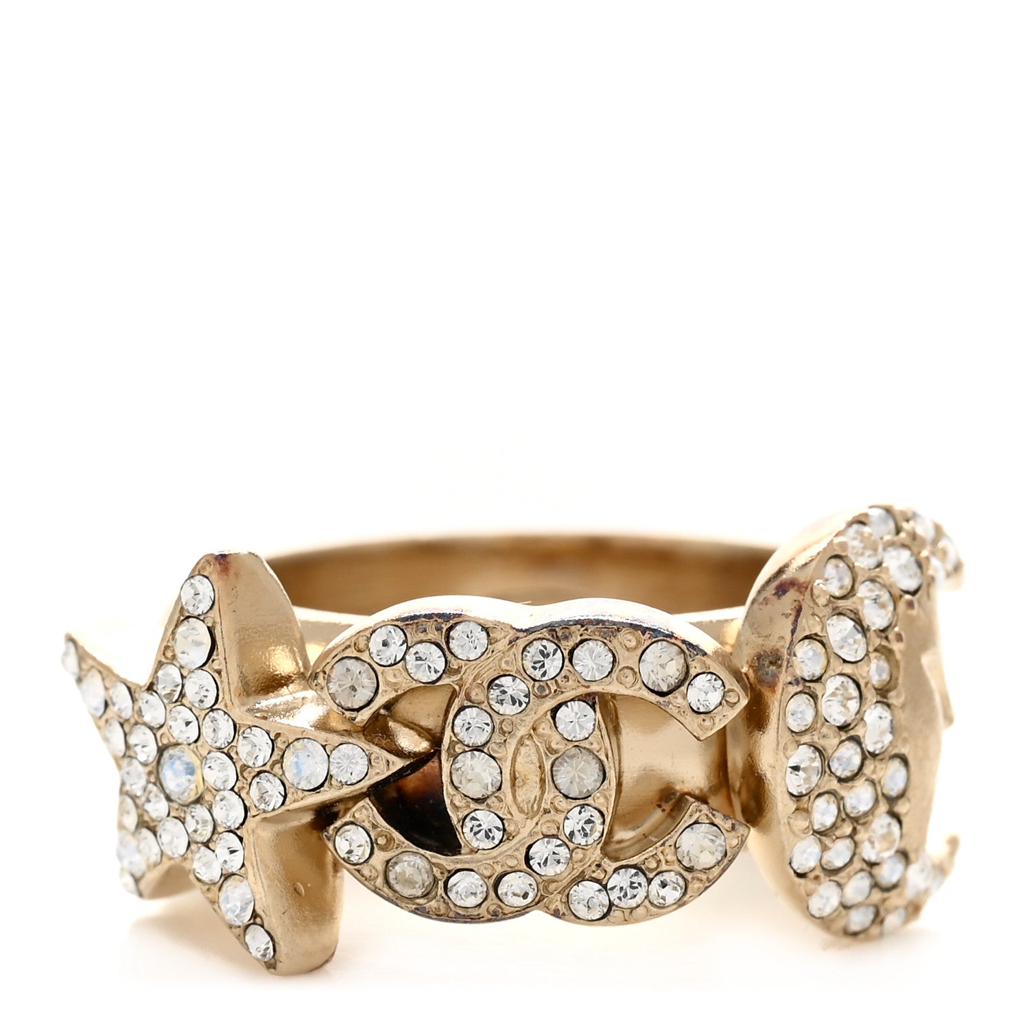 Chanel Crystal CC Star Moon Ring 50 5.25 Gold 1 of 6