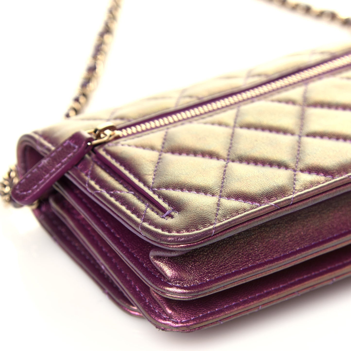 Iridescent Lambskin Quilted Mini Wallet On Chain WOC Purple