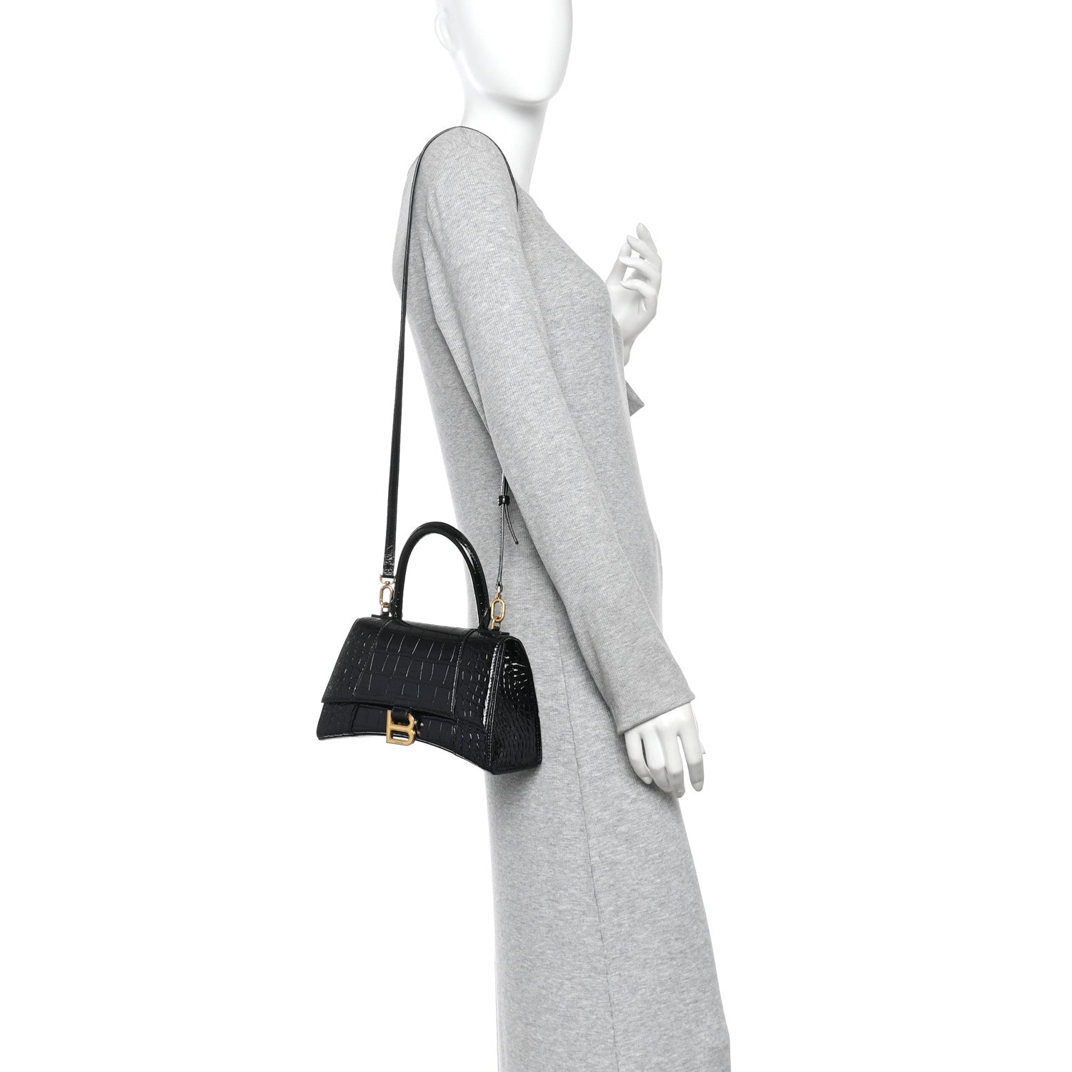 Balenciaga Shiny Calfskin Crocodile Embossed Small Hourglass Top Handle Bag Black 2 of 10