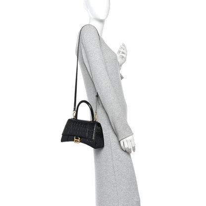 Balenciaga Shiny Calfskin Crocodile Embossed Small Hourglass Top Handle Bag Black 2 of 10