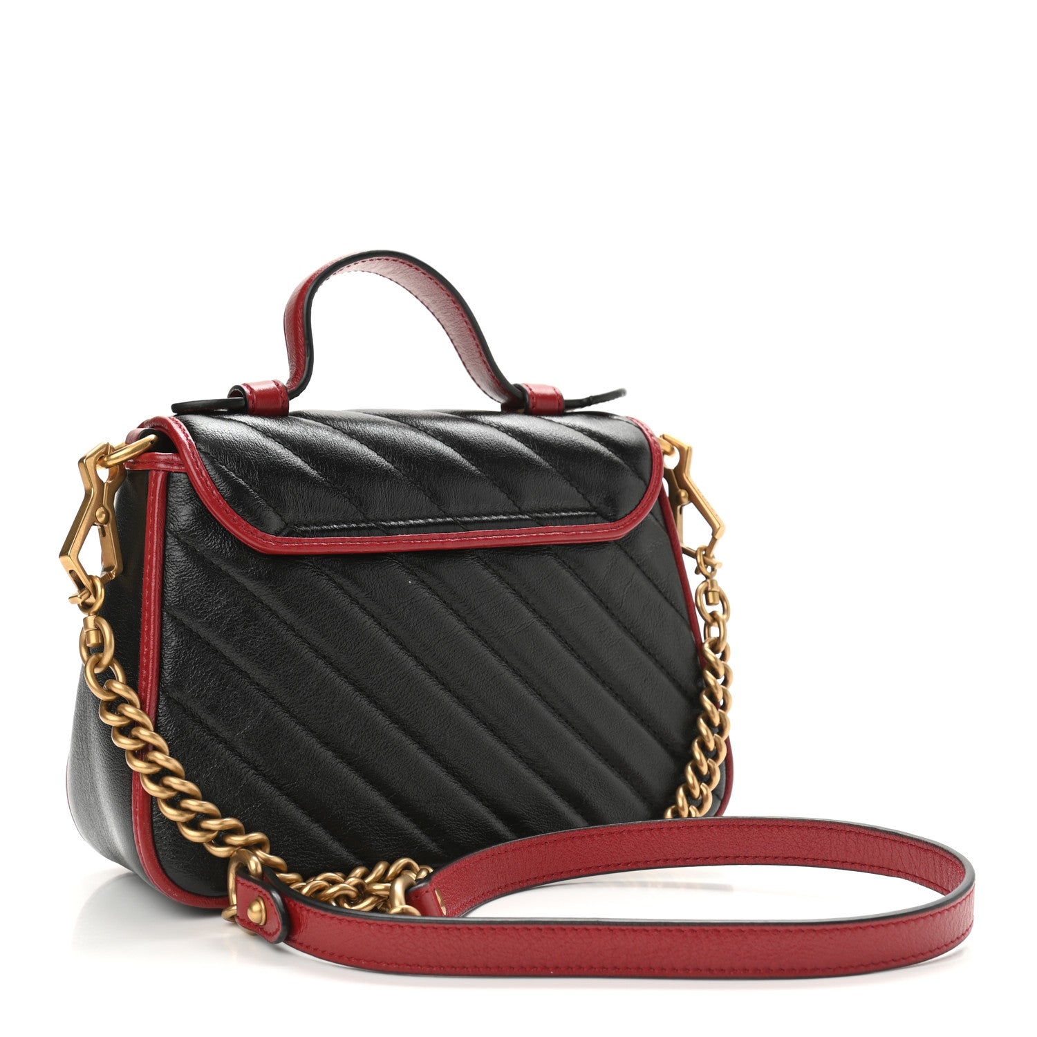 Gucci Vintage Effect Calfskin Matelasse Diagonal Mini Torchon GG Marmont Top Handle Shoulder Bag Black Romantic Cherry 3 of 10