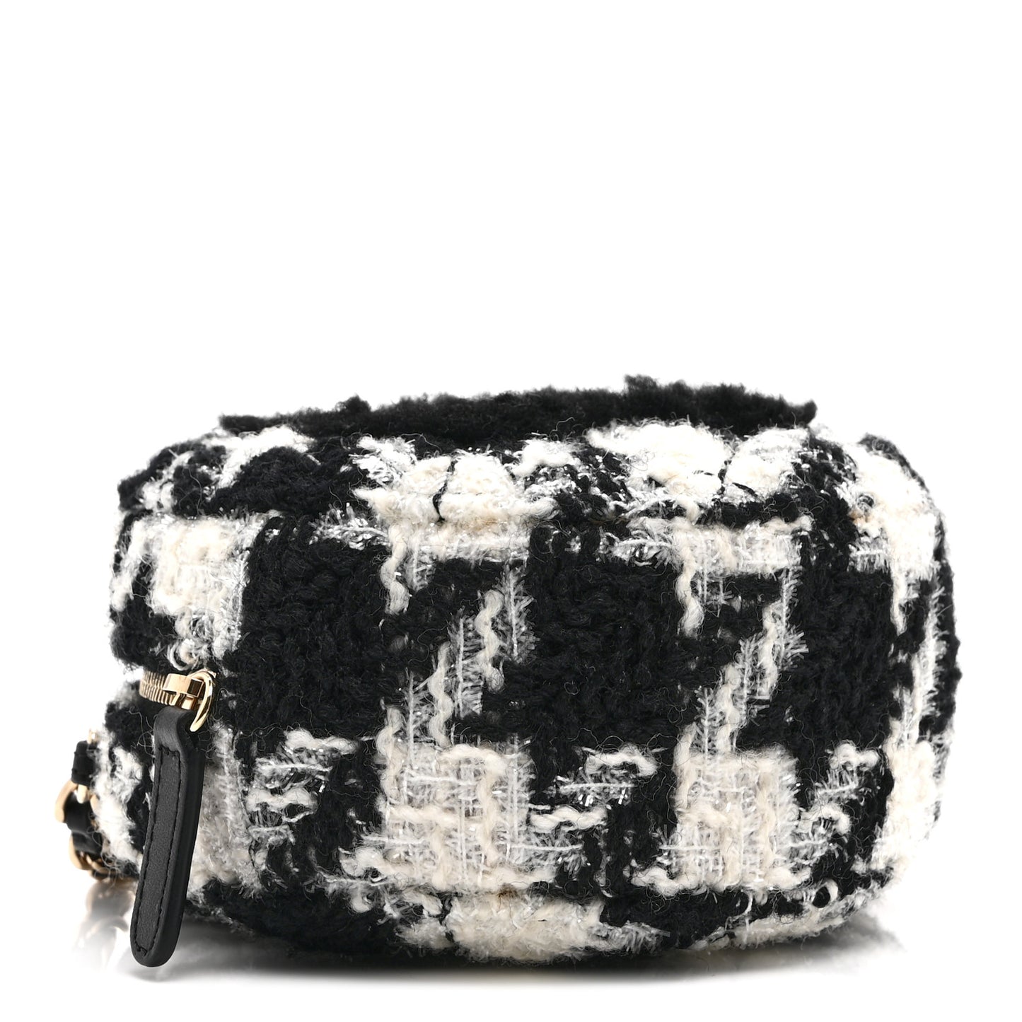 Wool Tweed Lambskin Quilted Round Clutch With Chain and Coin Purse Black White