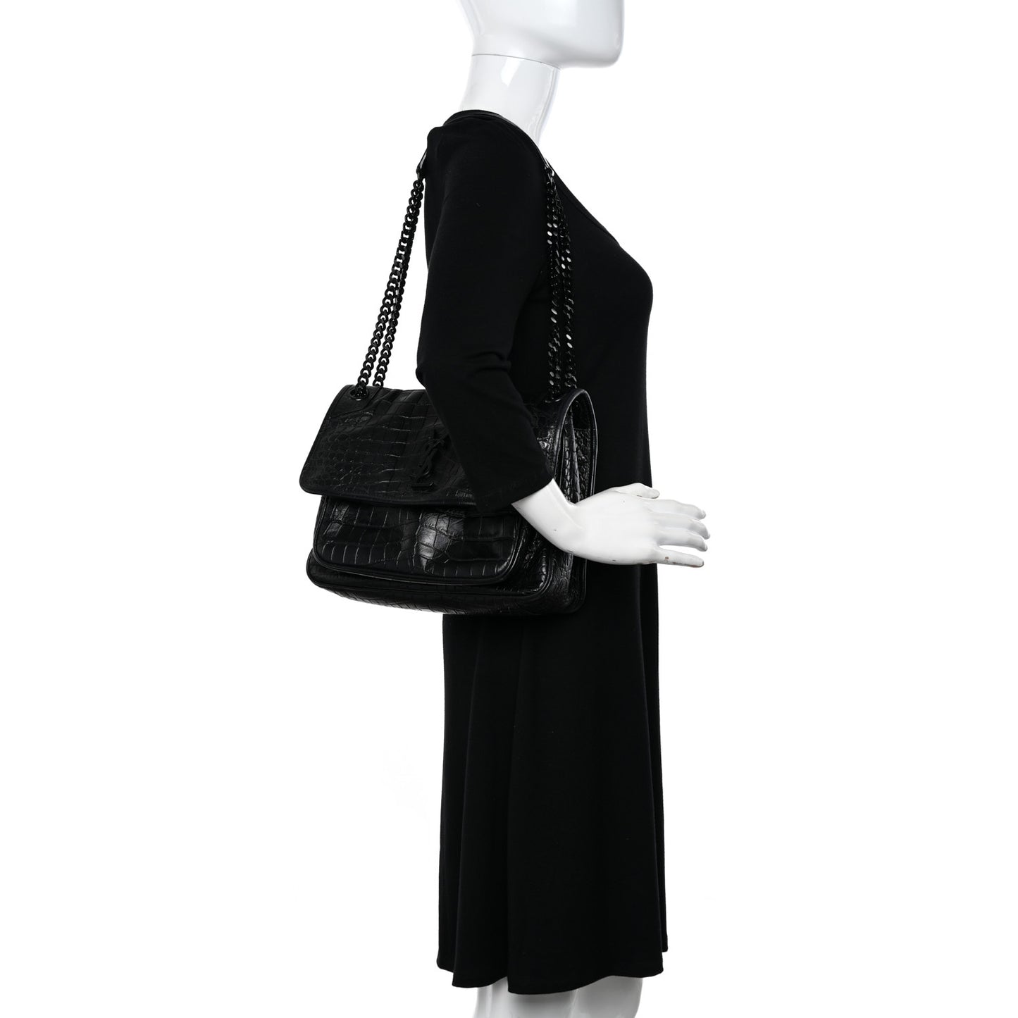 Crinkled Calfskin Crocodile Embossed Monogram Medium Niki Chain Satchel Black