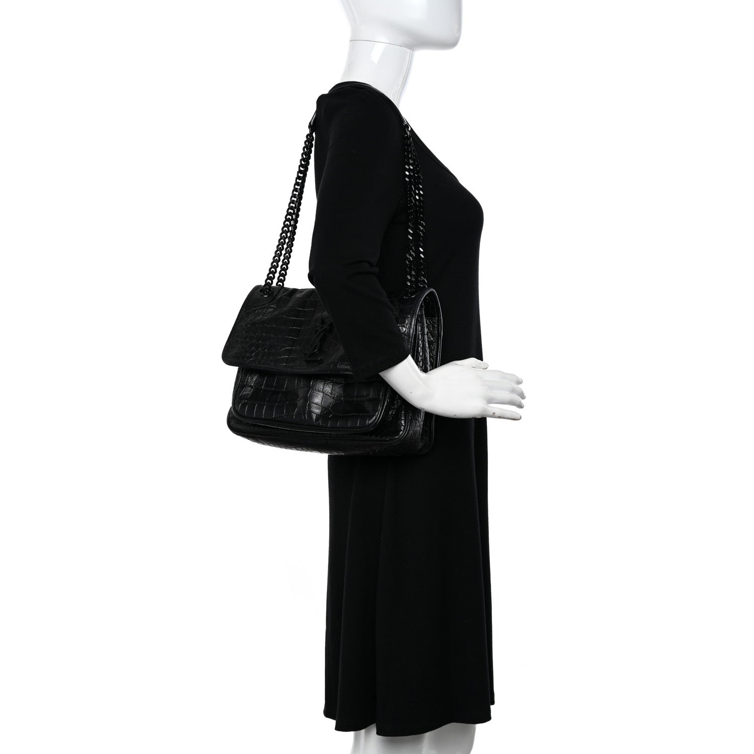 Saint Laurent Crinkled Calfskin Crocodile Embossed Monogram Medium Niki Chain Satchel Black 2 of 10