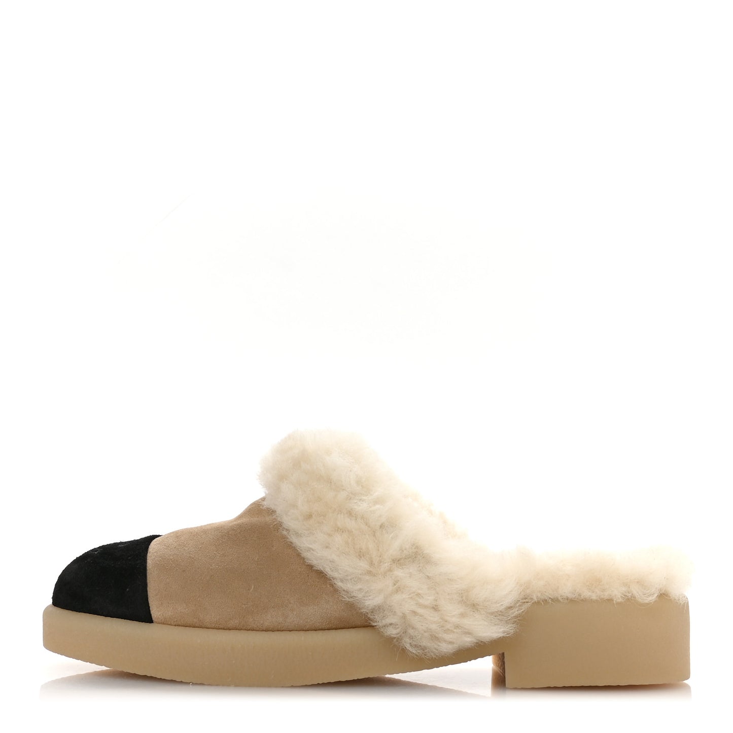 Suede Shearling CC Cap Toe Mules 41 Beige Black