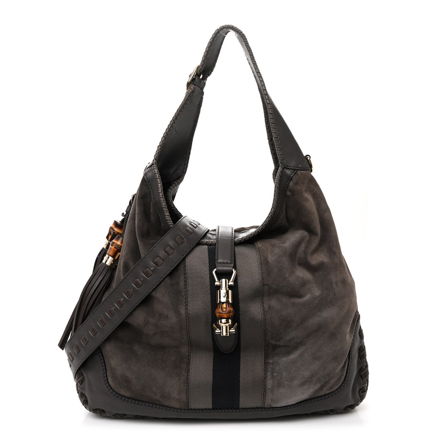 Calfskin Suede Large New Jackie Web Shoulder Bag Grey