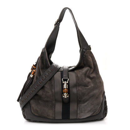 Gucci Calfskin Suede Large New Jackie Web Shoulder Bag Grey 1 of 12